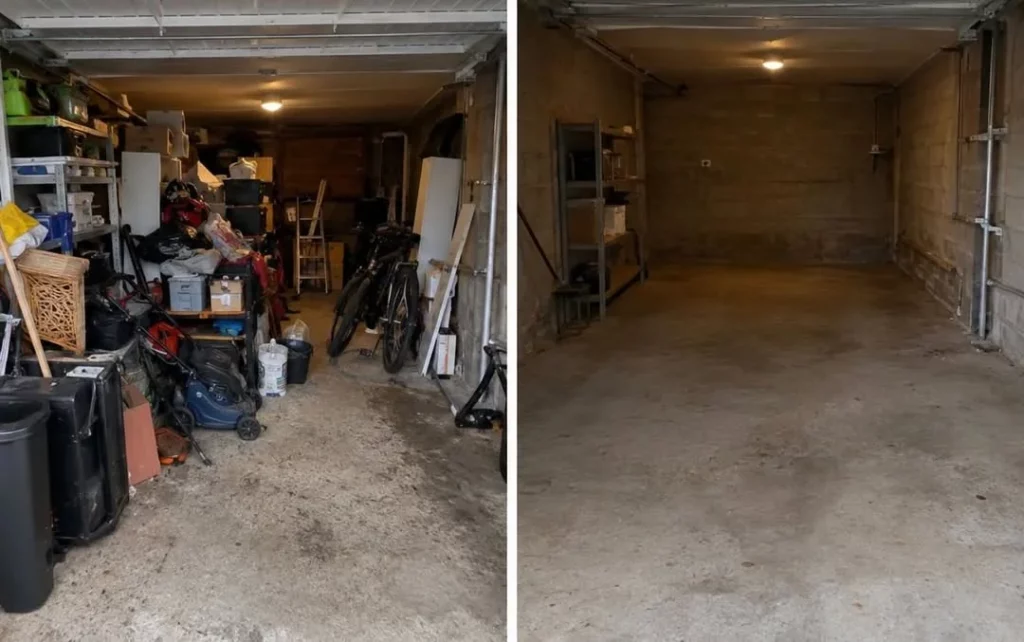 Illustration d’un garage encombré puis dégagé, présentée sur le site JB Débarras.